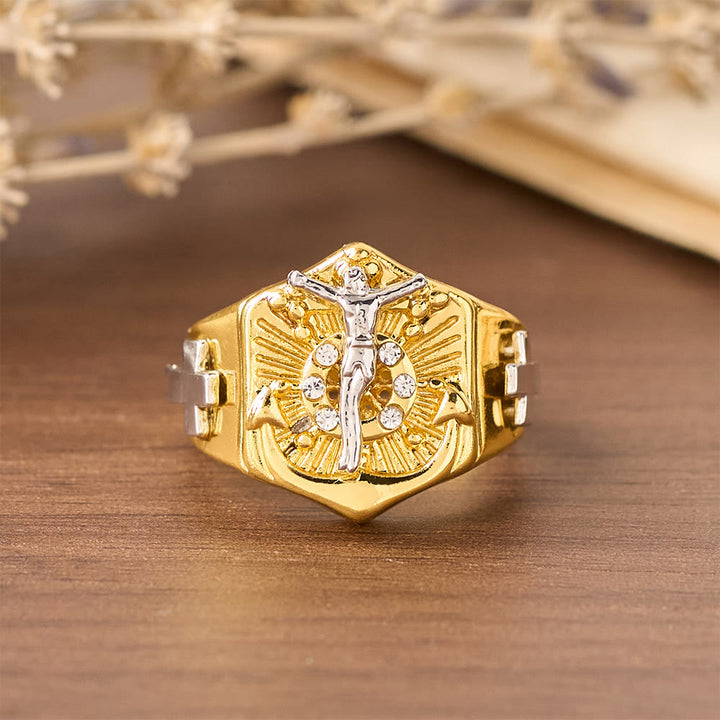 Christianartworkshop Two-Tone Crucifix Statement Ring: A Symbol of Christ’s Redemption & Faith - US 13 - image 0