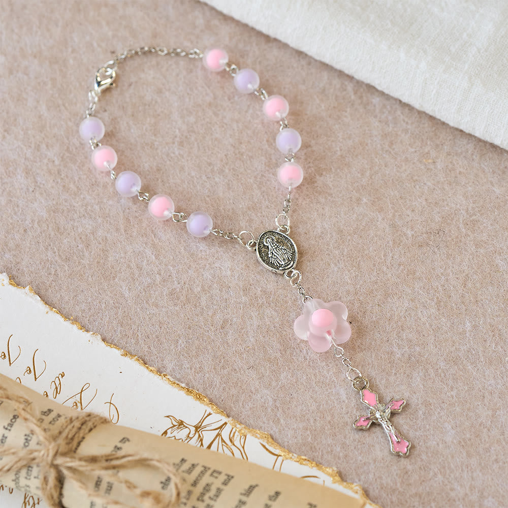 Christianartworkshop 3-Style Pastel Pocket Rosary with Flower Charm: Silver-Toned Crucifix for Marian Prayer - Pink - image 0