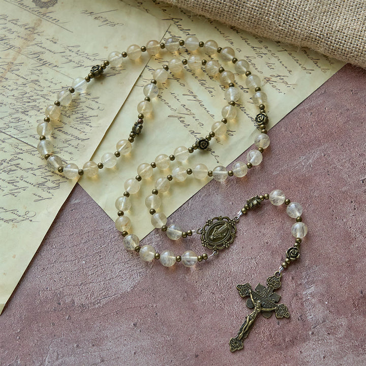 Christianartworkshop Amber Glass Bead Rosary with Camellia Accents: A Symbol of Christ’s Light & Purity - image 2