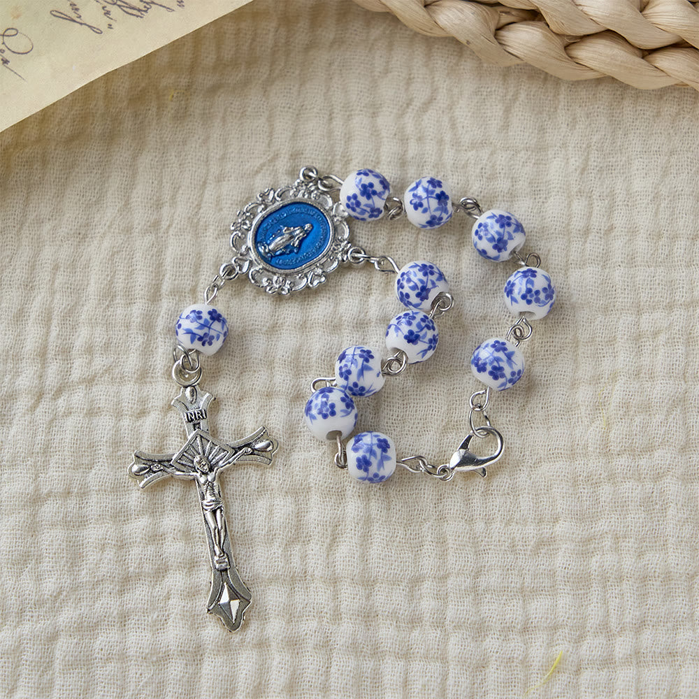 Christianartworkshop Blue Flower Ceramic Auto Rosary: A Symbol of Marian Protection for Car - image 1