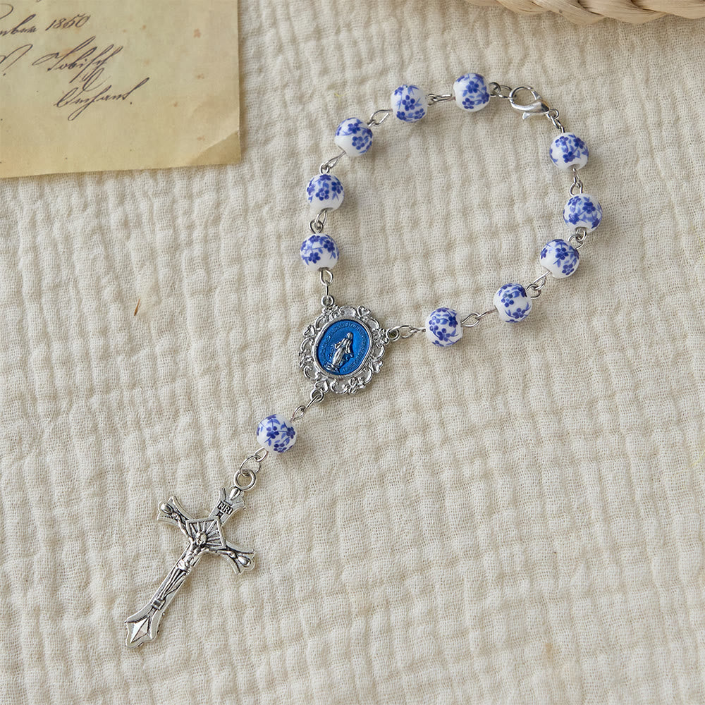 Christianartworkshop Blue Flower Ceramic Auto Rosary: A Symbol of Marian Protection for Car - Blue and White - image 0