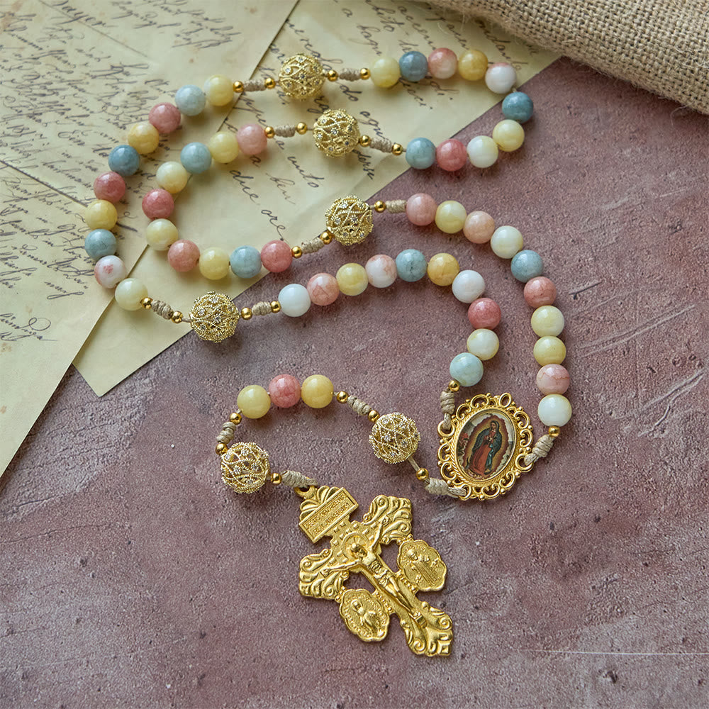 Christianartworkshop Pastel Hue Rosary with Gold Filigree: Enamel Our Lady Medallion Design - Our Lady & Crucifix - image 0