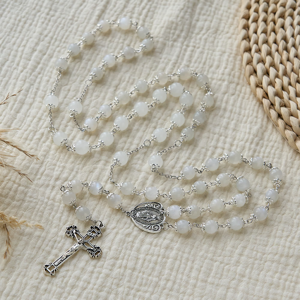Christianartworkshop Marian Grace Moonstone Rosary: Silver-Toned Crucifix for Sacred Devotion - Moonstone Rosary - image 0