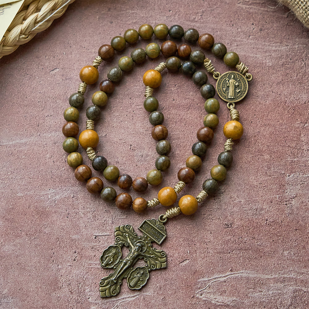 Christianartworkshop Sandalwood Beads Rosary with St. Benedict & Crucifix: Bronze Medallion Design - St.Benedict & Crucifix - image 0