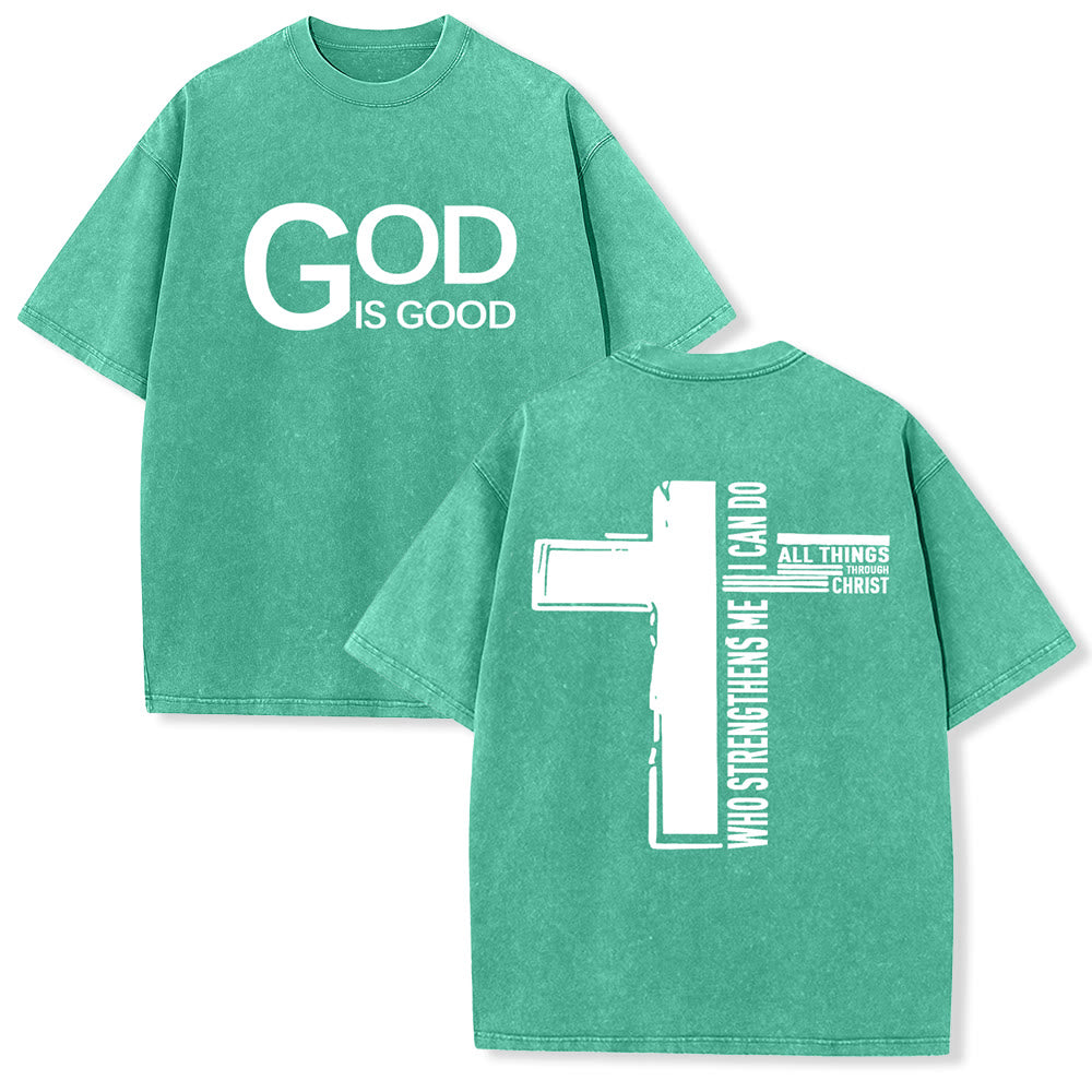 Christianartworkshop God Is Good Philippians 4:13 Cross Unisex Washed T-Shirt - Green - 5XL - image 6