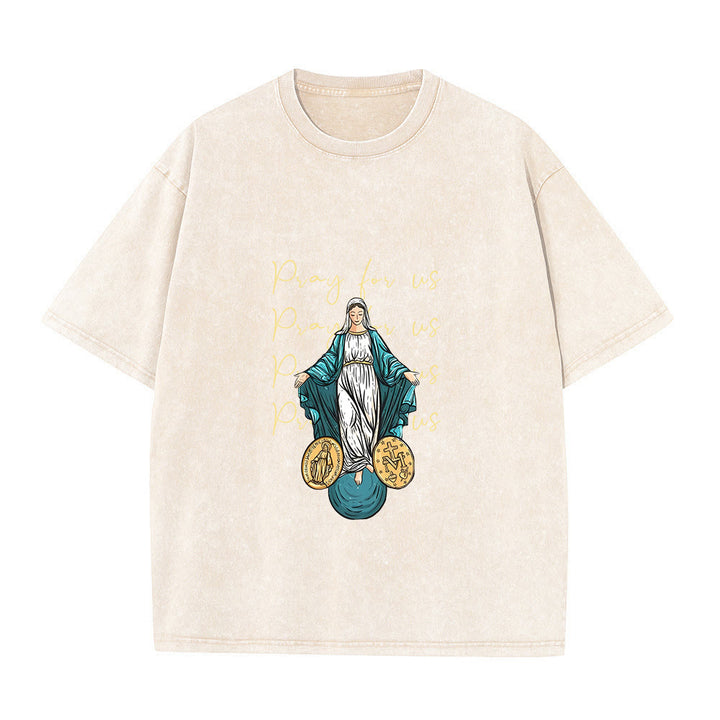 Christianartworkshop Pray For Us Virgin Mary Unisex Washed T-Shirt - Beige - 5XL - image 5
