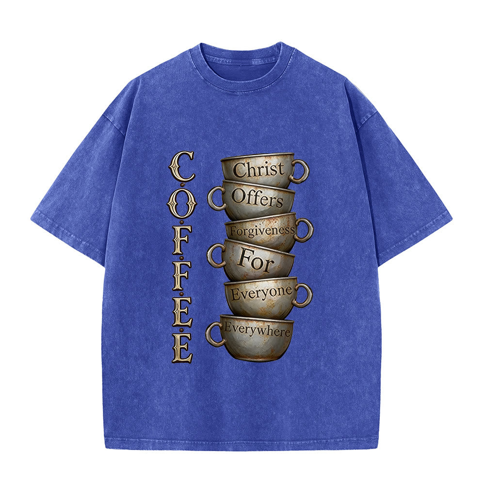 Christianartworkshop COFFEE Christ Offers Forgiveness Unisex Washed T-Shirt - Blue - 5XL - image 6