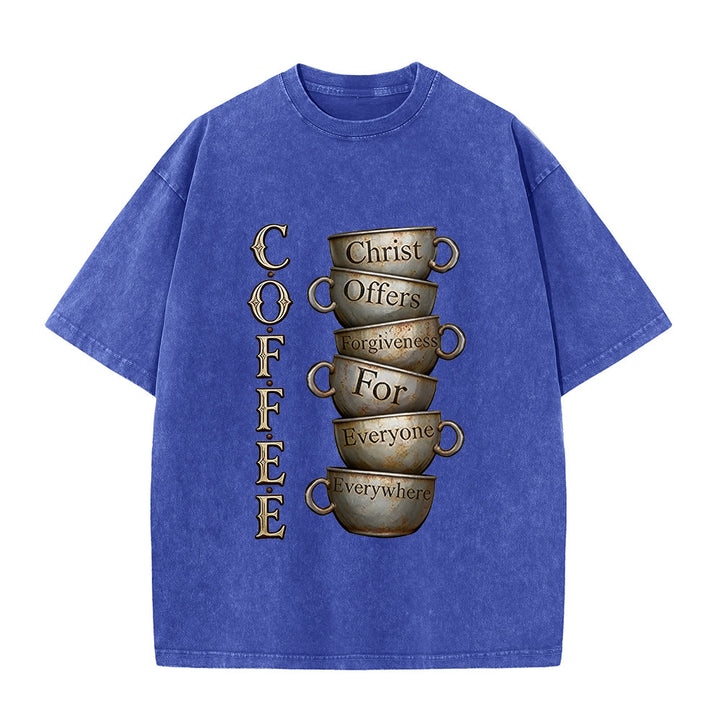 Christianartworkshop COFFEE Christ Offers Forgiveness Unisex Washed T-Shirt - Blue - 5XL - image 6