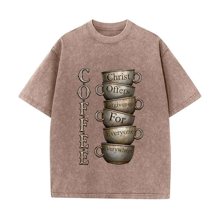 Christianartworkshop COFFEE Christ Offers Forgiveness Unisex Washed T-Shirt - Brown - 5XL - image 0