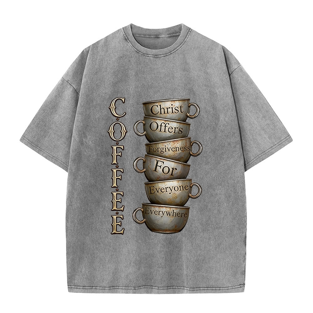 Christianartworkshop COFFEE Christ Offers Forgiveness Unisex Washed T-Shirt - Grey - 5XL - image 2