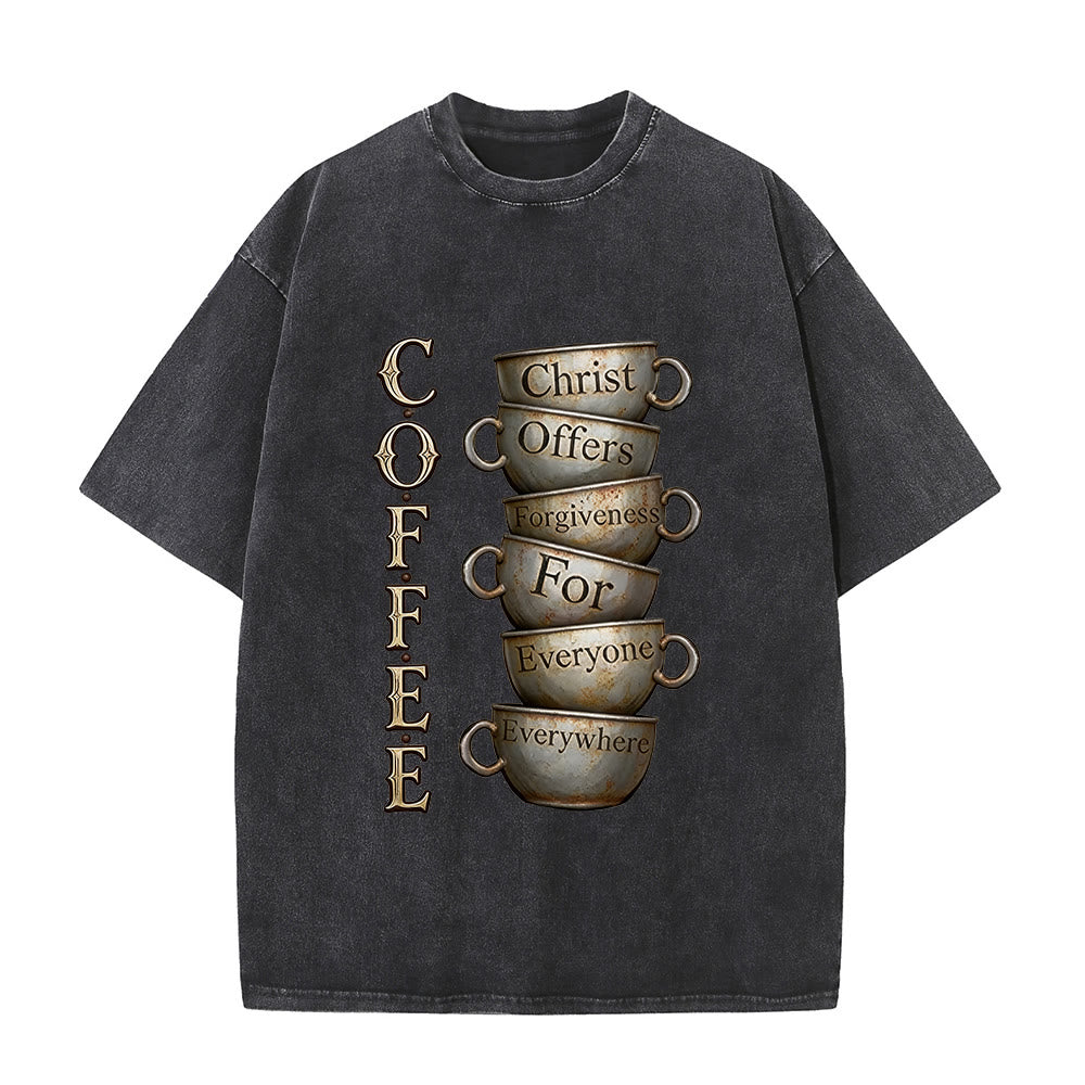 Christianartworkshop COFFEE Christ Offers Forgiveness Unisex Washed T-Shirt - Black - 5XL - image 1