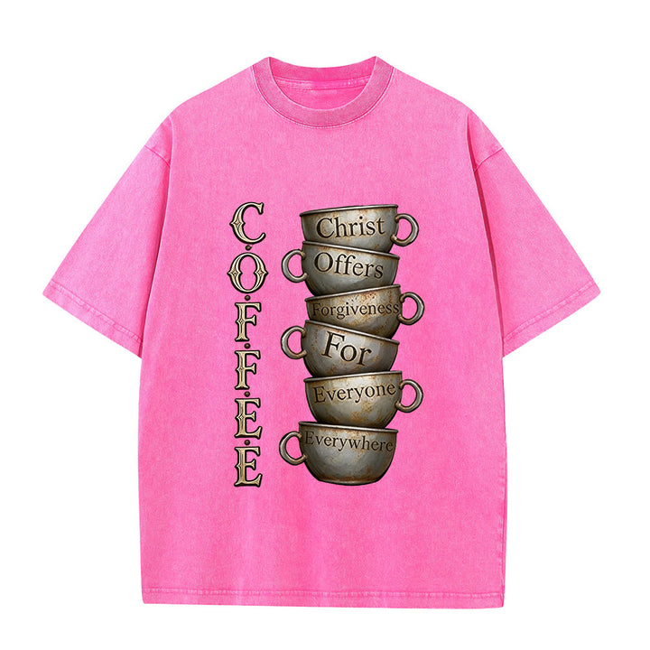 Christianartworkshop COFFEE Christ Offers Forgiveness Unisex Washed T-Shirt - Pink - 5XL - image 8