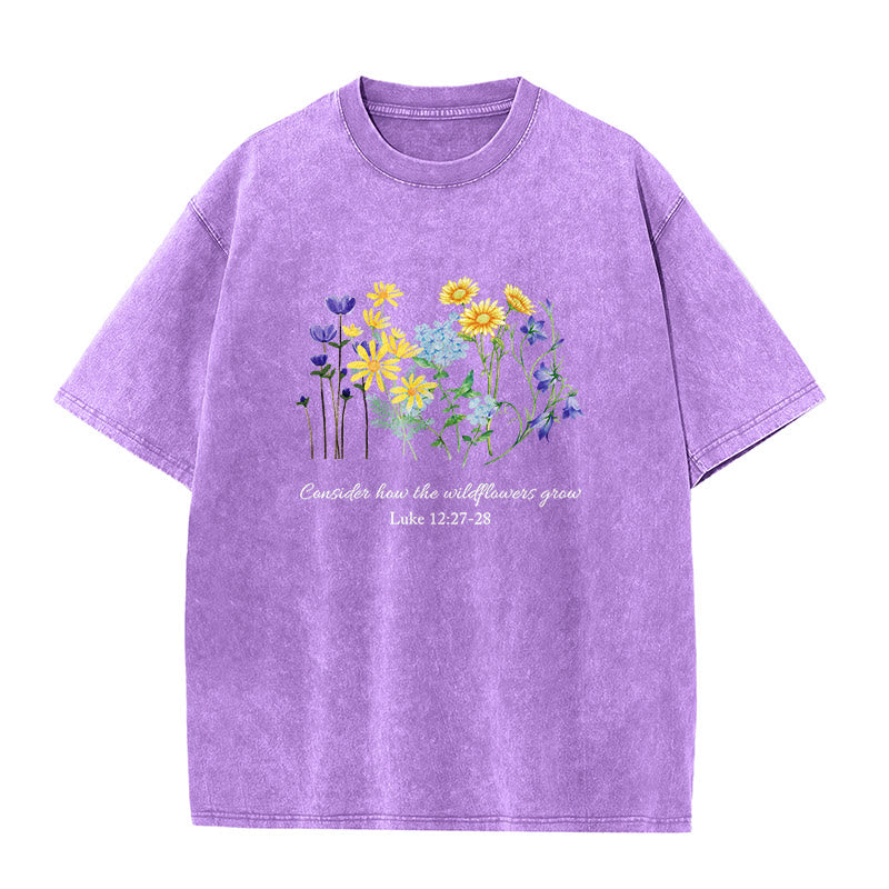 Christianartworkshop Consider How The Wildflowers Grow Unisex Washed T-Shirt - Purple - 5XL - image 0