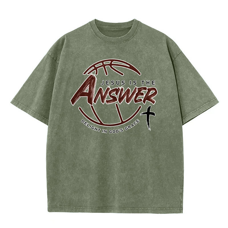 Christianartworkshop Street Style Jesus Is The Answer Unisex Washed T-Shirt - Army Green - 5XL - image 4