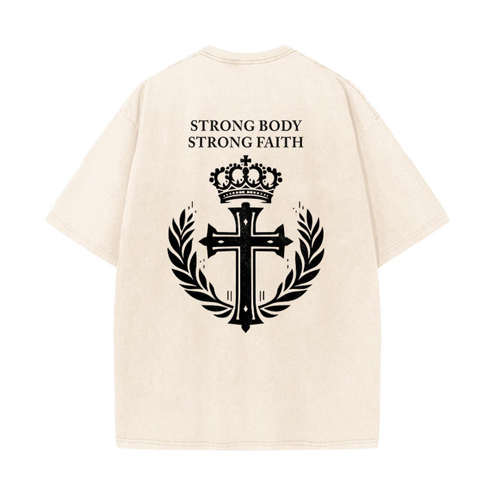 Christianartworkshop Strong Body Strong Faith Cross Crown Unisex Washed T-Shirt - image 16