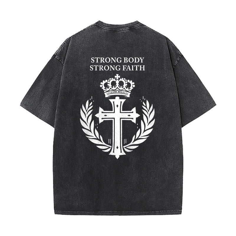 Christianartworkshop Strong Body Strong Faith Cross Crown Unisex Washed T-Shirt - image 4