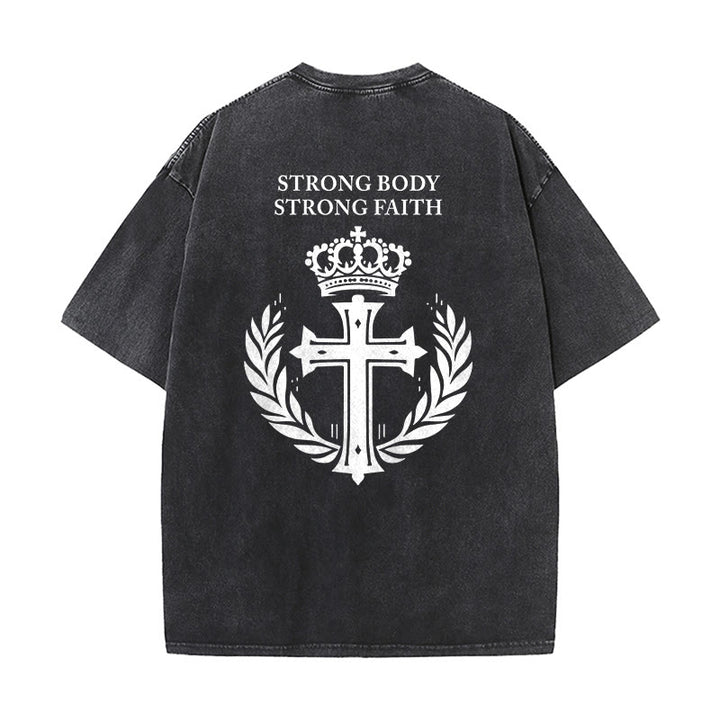 Christianartworkshop Strong Body Strong Faith Cross Crown Unisex Washed T-Shirt - image 4