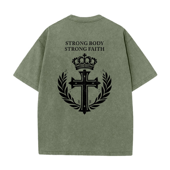 Christianartworkshop Strong Body Strong Faith Cross Crown Unisex Washed T-Shirt - image 10