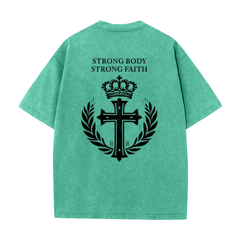 Christianartworkshop Strong Body Strong Faith Cross Crown Unisex Washed T-Shirt - image 7