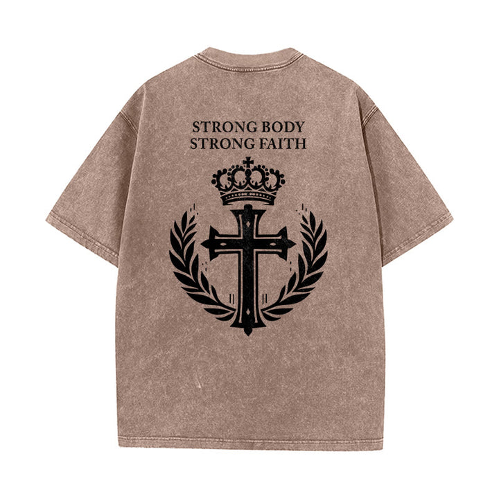 Christianartworkshop Strong Body Strong Faith Cross Crown Unisex Washed T-Shirt - image 13