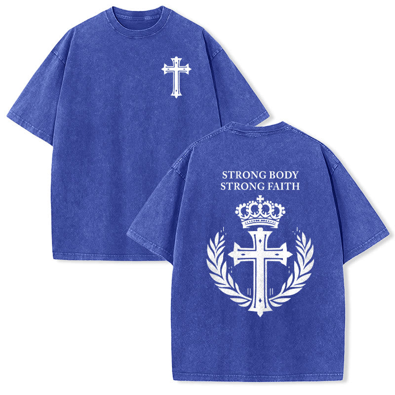 Christianartworkshop Strong Body Strong Faith Cross Crown Unisex Washed T-Shirt - Blue - 5XL - image 18