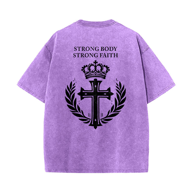 Christianartworkshop Strong Body Strong Faith Cross Crown Unisex Washed T-Shirt - image 22