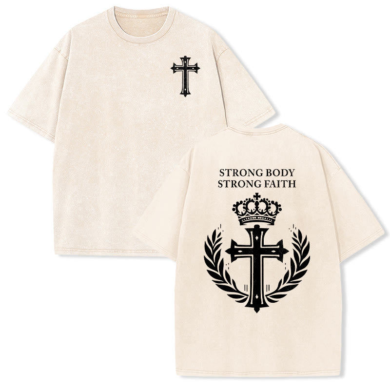 Christianartworkshop Strong Body Strong Faith Cross Crown Unisex Washed T-Shirt - Beige - 5XL - image 15