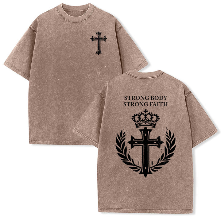 Christianartworkshop Strong Body Strong Faith Cross Crown Unisex Washed T-Shirt - Brown - 5XL - image 12