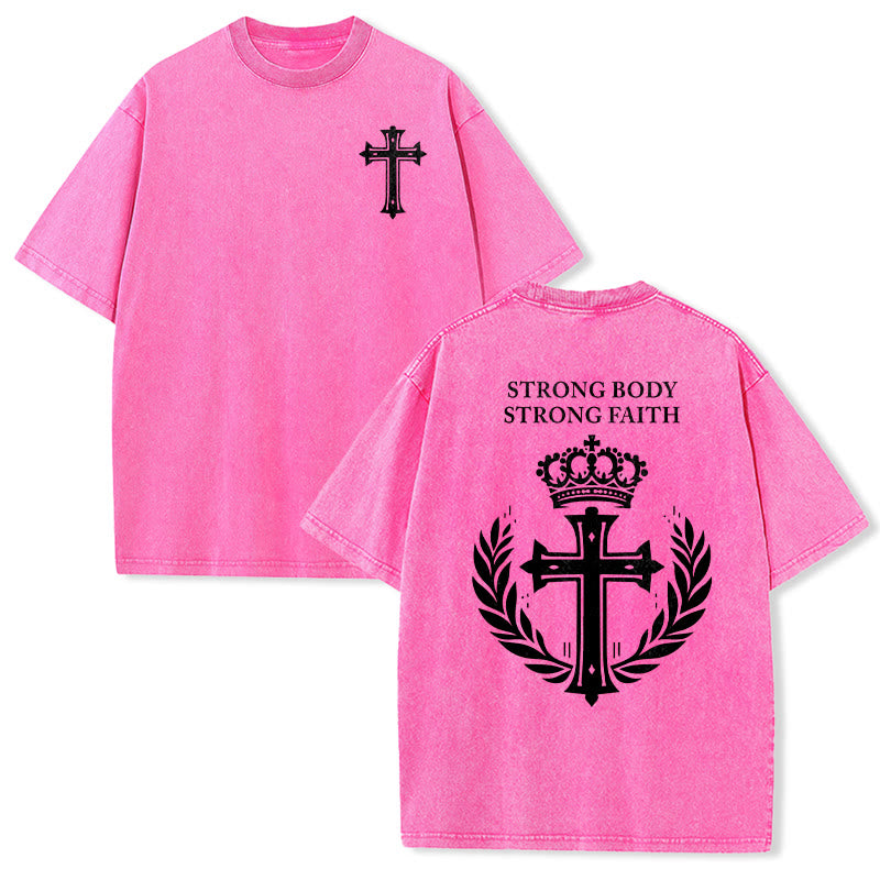 Christianartworkshop Strong Body Strong Faith Cross Crown Unisex Washed T-Shirt - Pink - 5XL - image 24