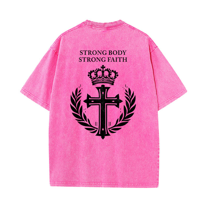 Christianartworkshop Strong Body Strong Faith Cross Crown Unisex Washed T-Shirt - image 25