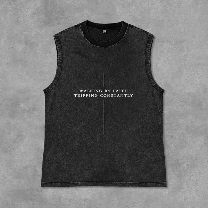 Christianartworkshop Walking By Faith Tripping Constantly Cross Unisex Washed Tank Top - Black - 2XL - image 3