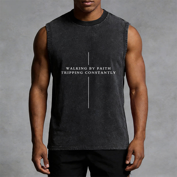 Christianartworkshop Walking By Faith Tripping Constantly Cross Unisex Washed Tank Top - image 5