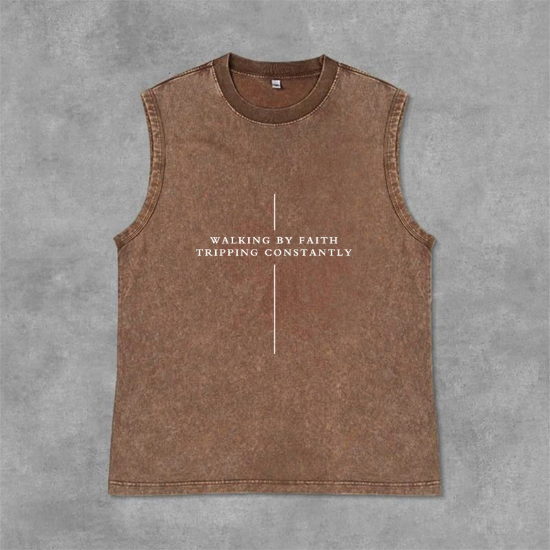 Christianartworkshop Walking By Faith Tripping Constantly Cross Unisex Washed Tank Top - Brown - 2XL - image 9