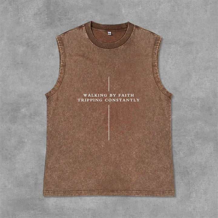 Christianartworkshop Walking By Faith Tripping Constantly Cross Unisex Washed Tank Top - Brown - 2XL - image 9