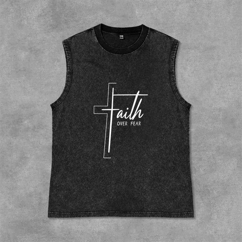Christianartworkshop Handwritten Faith Over Fear Unisex Washed Tank Top - Black - 2XL - image 3