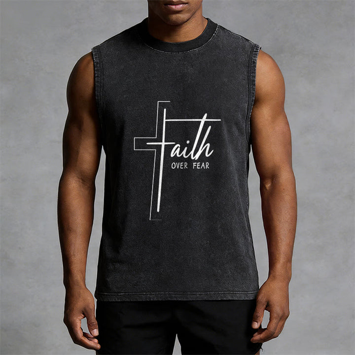 Christianartworkshop Handwritten Faith Over Fear Unisex Washed Tank Top - image 4