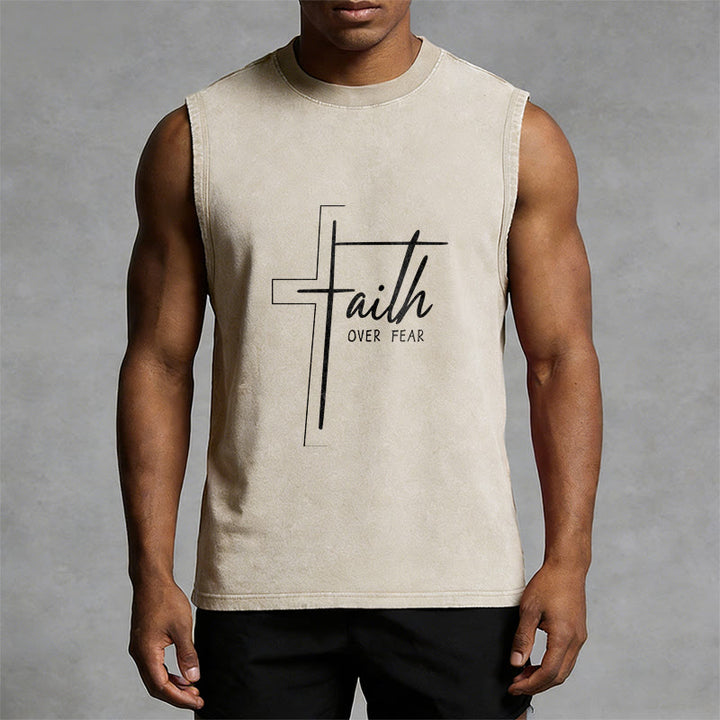 Christianartworkshop Handwritten Faith Over Fear Unisex Washed Tank Top - image 10