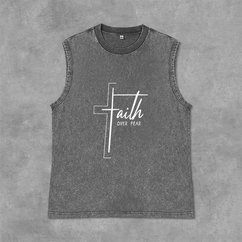 Christianartworkshop Handwritten Faith Over Fear Unisex Washed Tank Top - Grey - 2XL - image 0