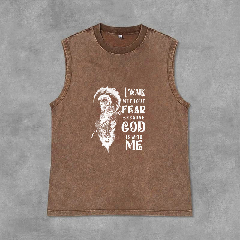 Christianartworkshop I Walk Without Fear God Is With Me Unisex Washed Tank Top - Brown - 2XL - image 9