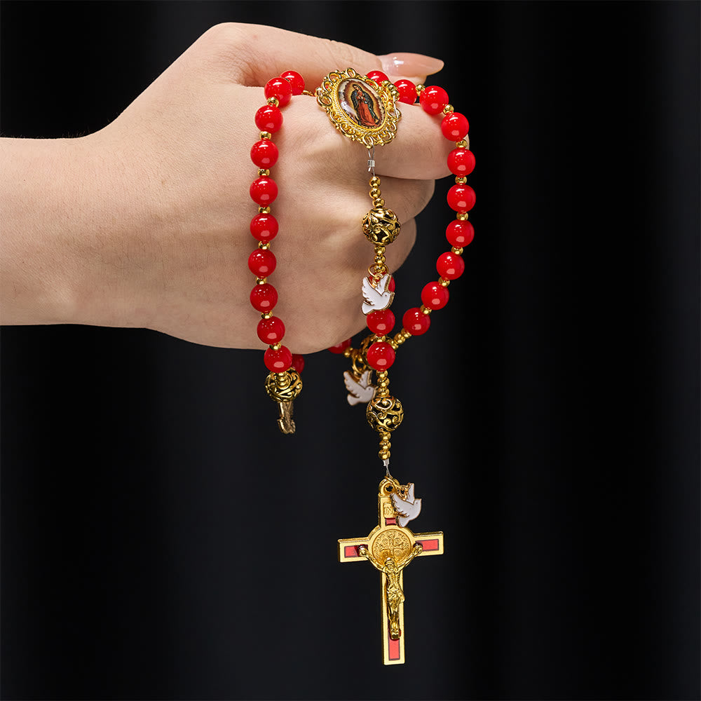 Christianartworkshop Holy Spirit Dove Rosary: Red Beads & Gold-Tone Crucifix for Prayerful Devotion - image 1