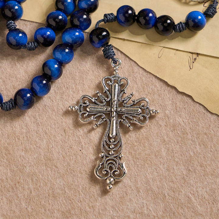 Christianartworkshop Blue Tiger Eye Rosary with Silver-Tone Crucifix: A Symbol of God’s Unshakable Strength - image 8