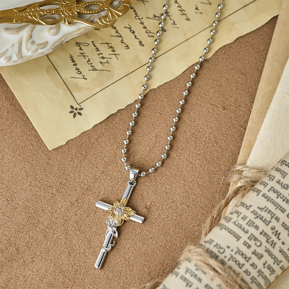 Christianartworkshop Silver-Toned Cross Pendant Necklace with Golden Floral & Leaf Detailing - image 3