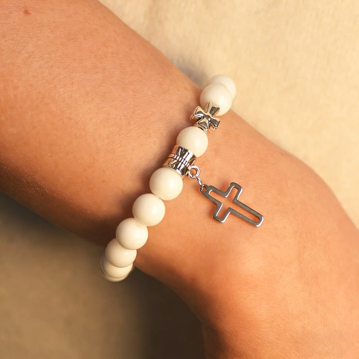 Christianartworkshop Dual-Tone Cross Charm Bead Bracelet Set: A Symbol of Faith in Every Wear - White - image 5