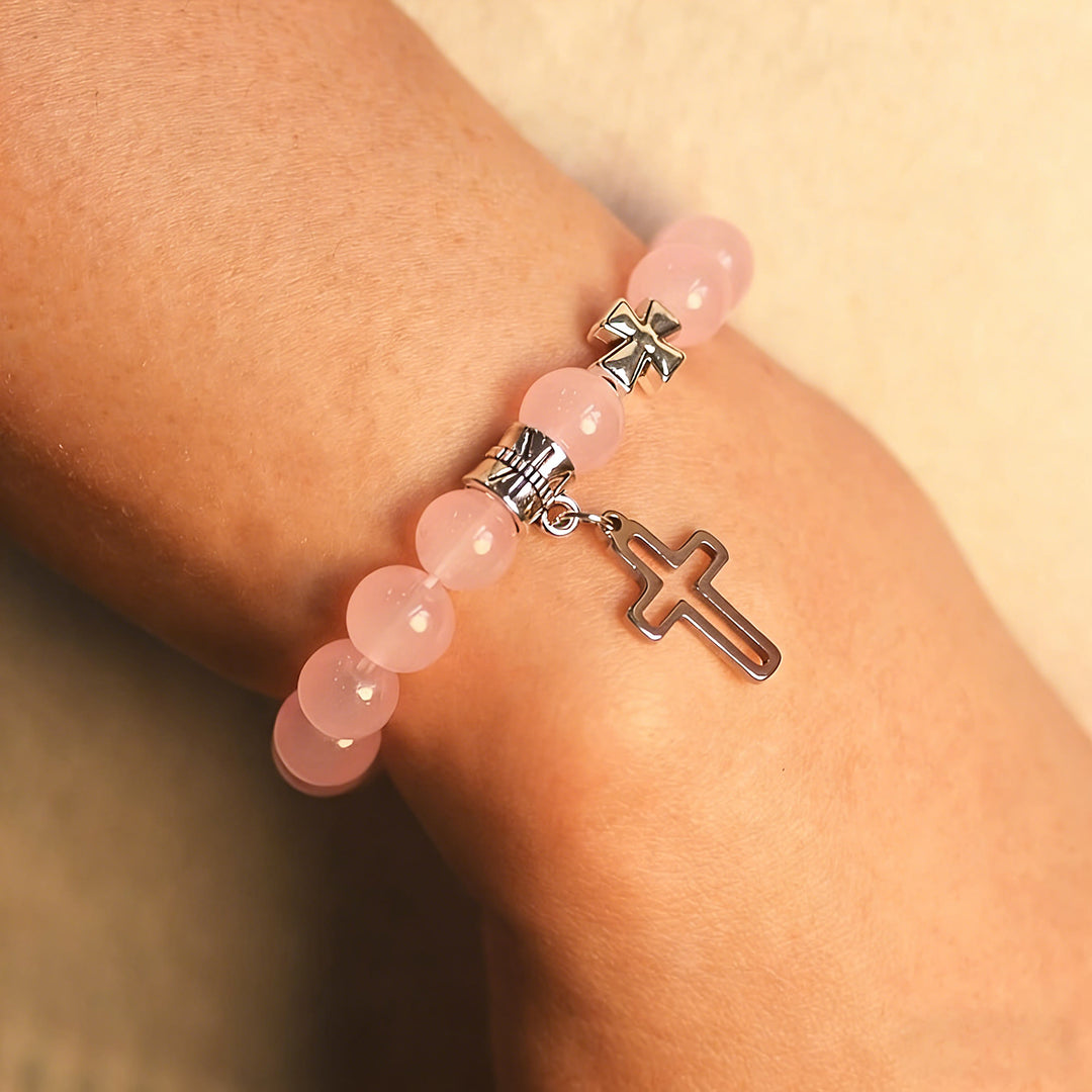 Christianartworkshop Dual-Tone Cross Charm Bead Bracelet Set: A Symbol of Faith in Every Wear - Pink - image 3