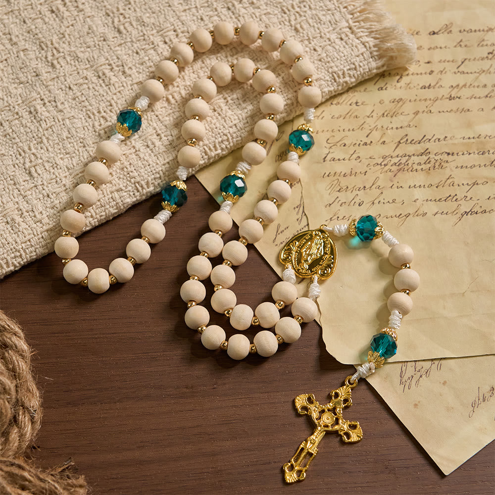 Christianartworkshop Our Lady of Grace Wood Bead Rosary with Peacock Blue Bead Accents - Our Lady & Crucifix - image 0