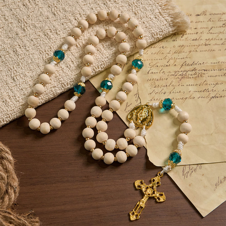 Christianartworkshop Our Lady of Grace Wood Bead Rosary with Peacock Blue Bead Accents - Our Lady & Crucifix - image 0