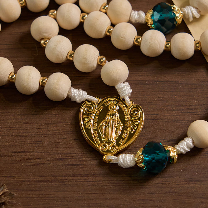 Christianartworkshop Our Lady of Grace Wood Bead Rosary with Peacock Blue Bead Accents - image 6