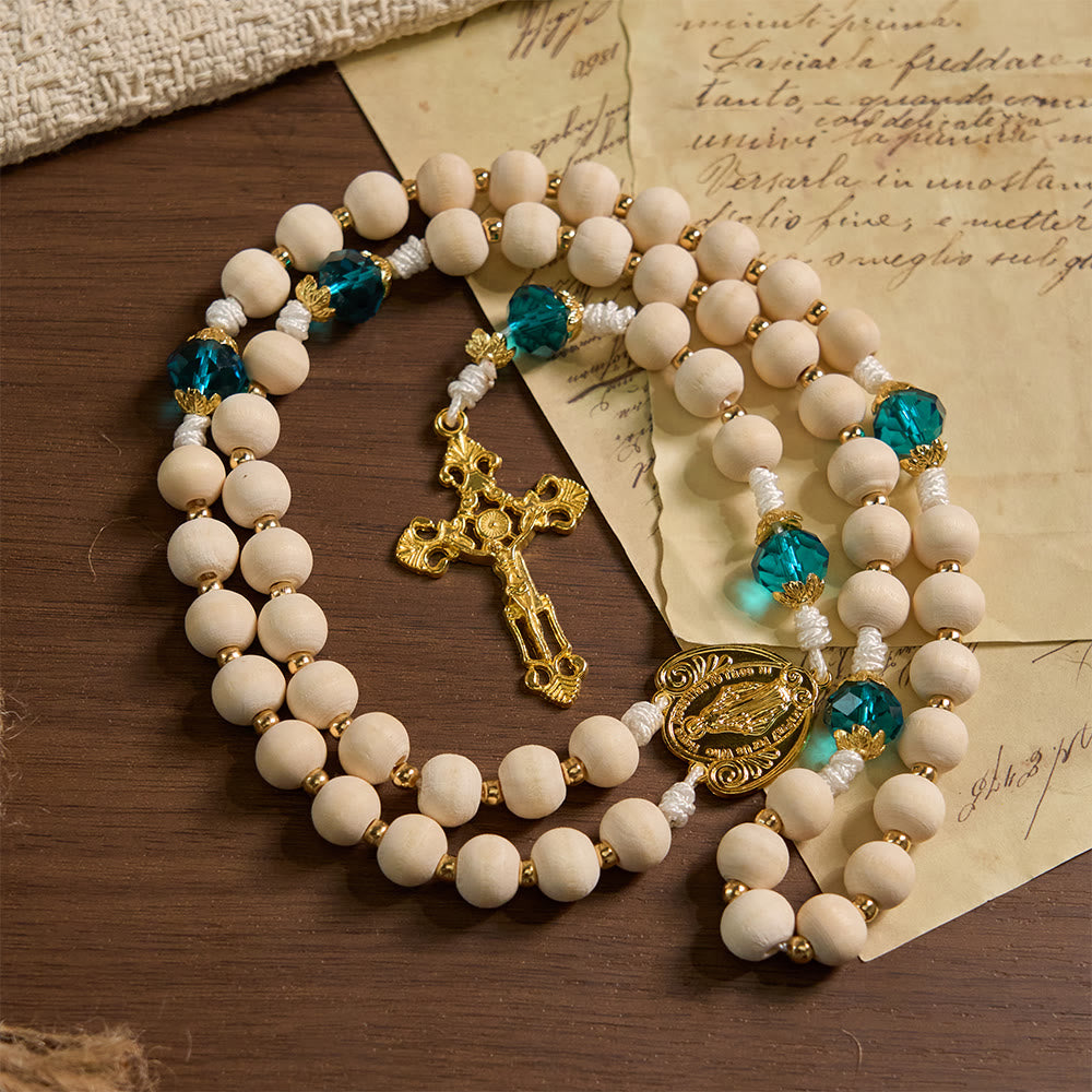 Christianartworkshop Our Lady of Grace Wood Bead Rosary with Peacock Blue Bead Accents - image 2