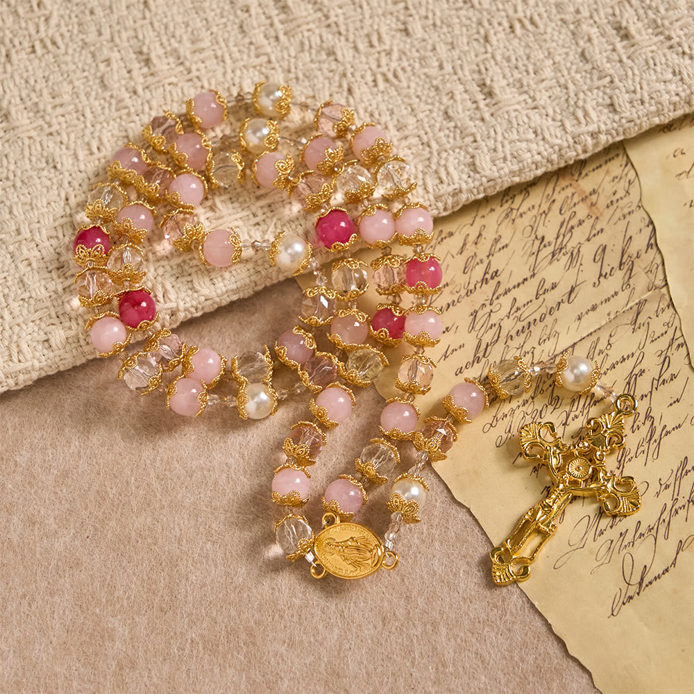Christianartworkshop Pink-Tone Glass Devotion Rosary with Our Lady Medal & Crucifix: Sacred Love Woven in Elegant Craft - Our Lady & Crucifix - image 0