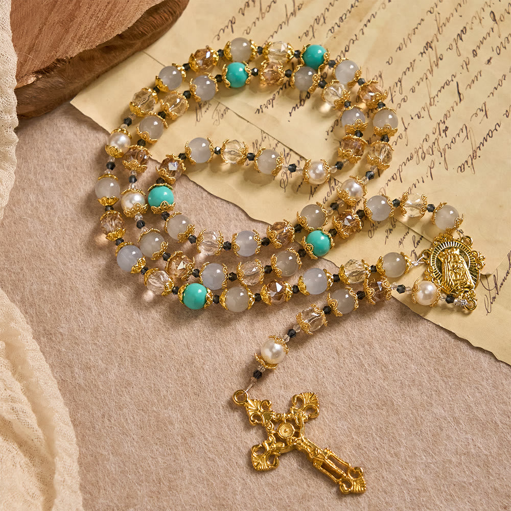 Christianartworkshop Blue-Tone Glass Bead Rosary with Our Lady Medal & Crucifix: A Symbol of Grace in Every Prayer - Our Lady & Crucifix - image 0